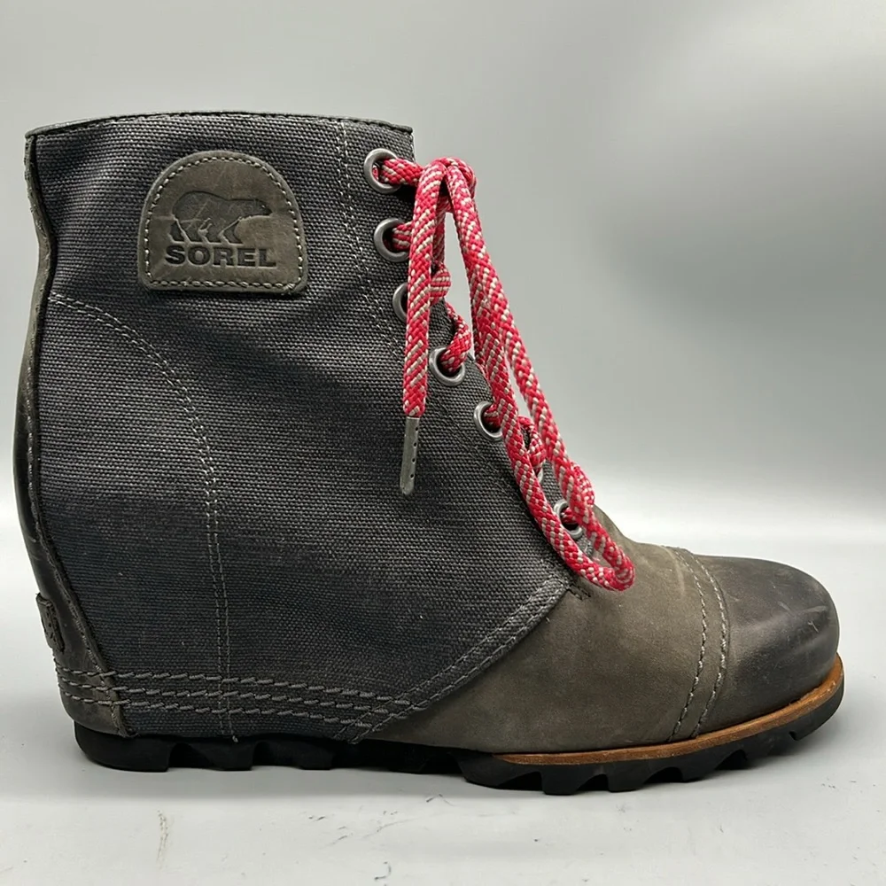 SOREL PDX GRAY LEATHER CANVAS LUG SOLE HIDDEN WEDGE HEEL LACE UP BOOT SIZE 8.5 - Picture 7 of 10